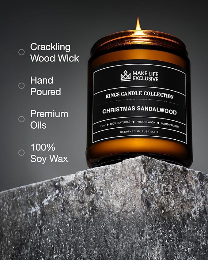 Scented Candles for Men | Christmas Sandalwood | Wooden Wick, Long Lasting, Masculine Scents | Natural Soy Jar Candle for Home, Bacehlor Pad Decor | The Perfect Mens Gift