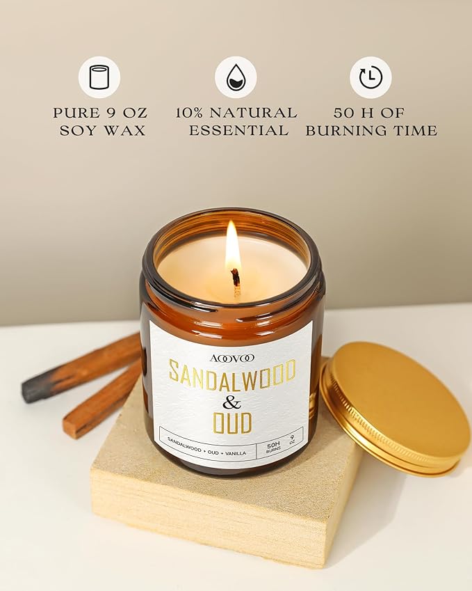 AOOVOO Sandalwood Oud Candle - Sandalwood Candle, Scented Candles, Soy Candles for Home Scented, 9oz