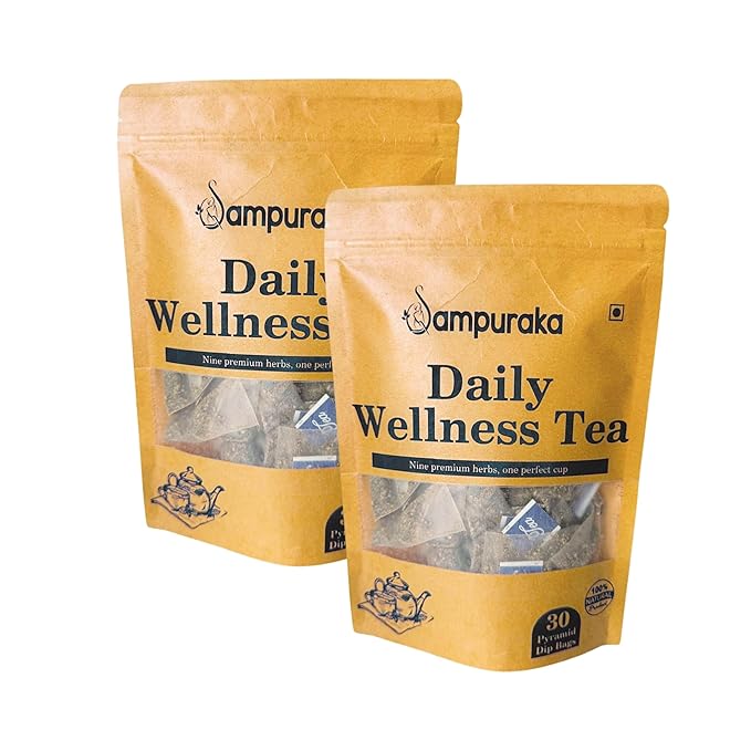 Sampuraka Daily Wellness Tea – Herbal Tea for Immunity & Relaxation Support with Turmeric, Ashwagandha, Ginger | Organic, Caffeine-Free (60 Pyramid Tea Bags)