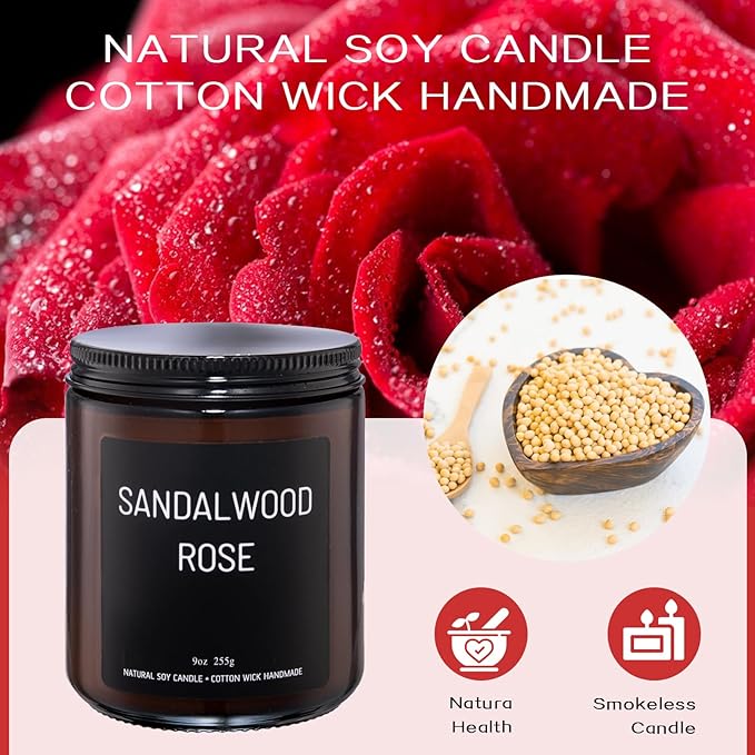 Sandalwood & Rose Scented Candles for Home Scented Aromatherapy Candles, Hand-Poured, 9 OZ, 50H Clean Burn,Soy Wax Candle Gift Set for Women Men