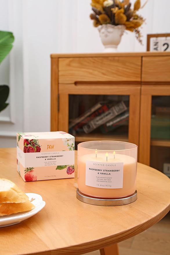 Raspberry Strawberry Vanilla 3-Wick Scented Soy Candle 15.8 oz | Large Sweet Berry Vanilla Scented Candle for Home | Stress Relief & Relaxing Aromatherapy Candle | Strong Throw & Long-Lasting