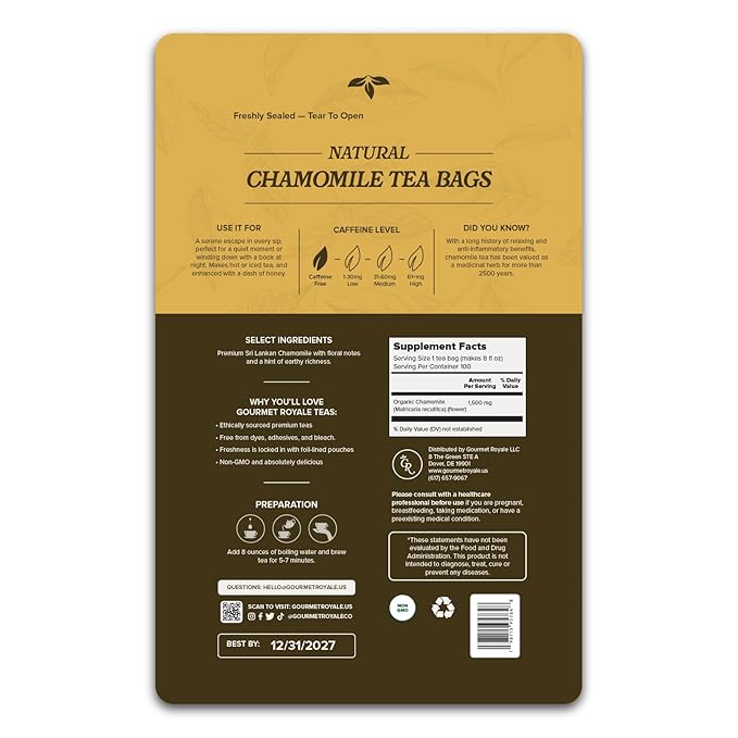 Gourmet Royale Chamomile Tea, 100 Count, Sustainable Tea Bags, Caffeine & Sugar Free, Premium Chamomile from Sri Lanka, Resealable Bag, Pure & Natural, (Pack of 1)