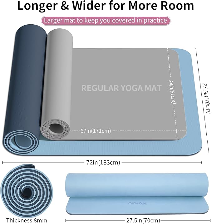 WOHAO Extra Thick 8mm Yoga Mat, 72"x28" Non Slip Exercise Mat, Reversible 2-Sided Dual Color Premium POE Material, with Carrying Strap for Yoga, Pilates, Home Gym