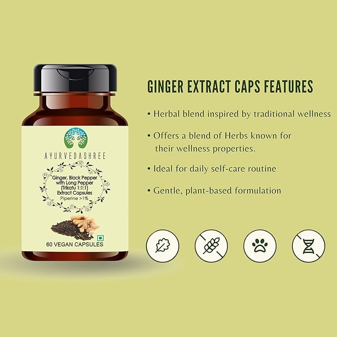 Trikatu Extract 500mg - 60 Vegetarian Capsules | Ginger with Black Pepper & Long Pepper Extract | | All Natural | 100% Vegan | Gluten-Free.
