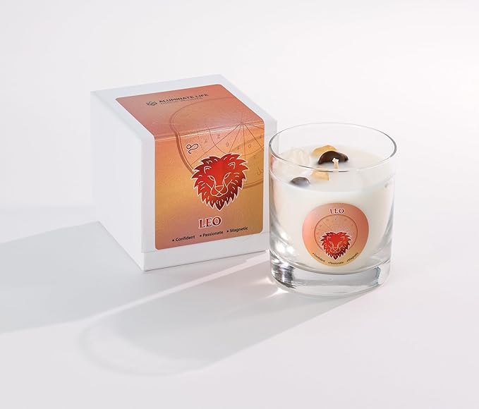 Luxury Glass Jar Candle, Leo Zodiac Sign, 8.8 oz - Crystal Infused - Scents of Ozone, Chili Pepper, Mandarin &and Coconut - USA Made, Coconut-Soy Wax, Essential Oils, Dr. Developed