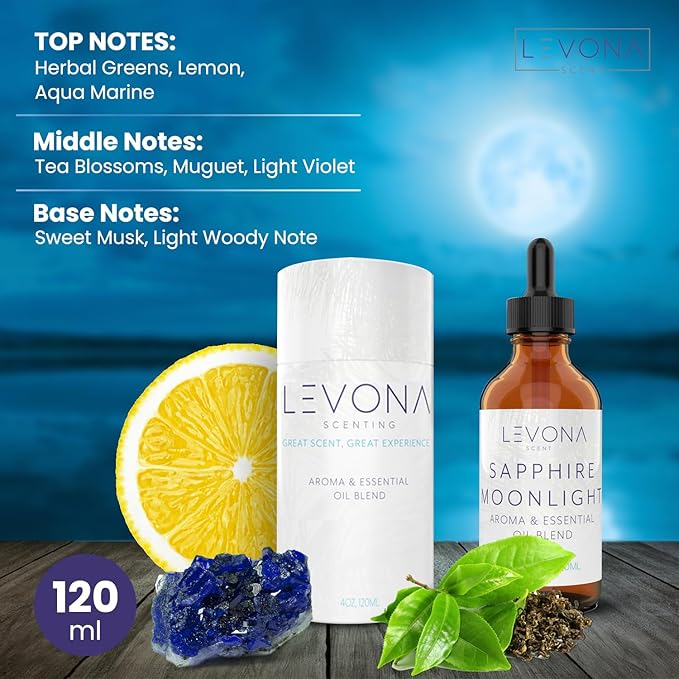 Levona Scent Essential Oils - Scents for Home, Hotel & Office Use - Perfect for Home Diffuser & Humidifiers - Aroma Fragrance Oil, Ideal for Massage, Relaxation, and Spa - Sapphire Moonlight, 120ml