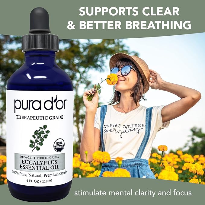 PURA D'OR Organic Eucalyptus Essential Oil (4oz with Glass Dropper) 100% Pure & Natural Therapeutic Grade for Hair, Body, Skin, Aromatherapy Diffuser, Relaxation, Massage, Home, DIY Soap