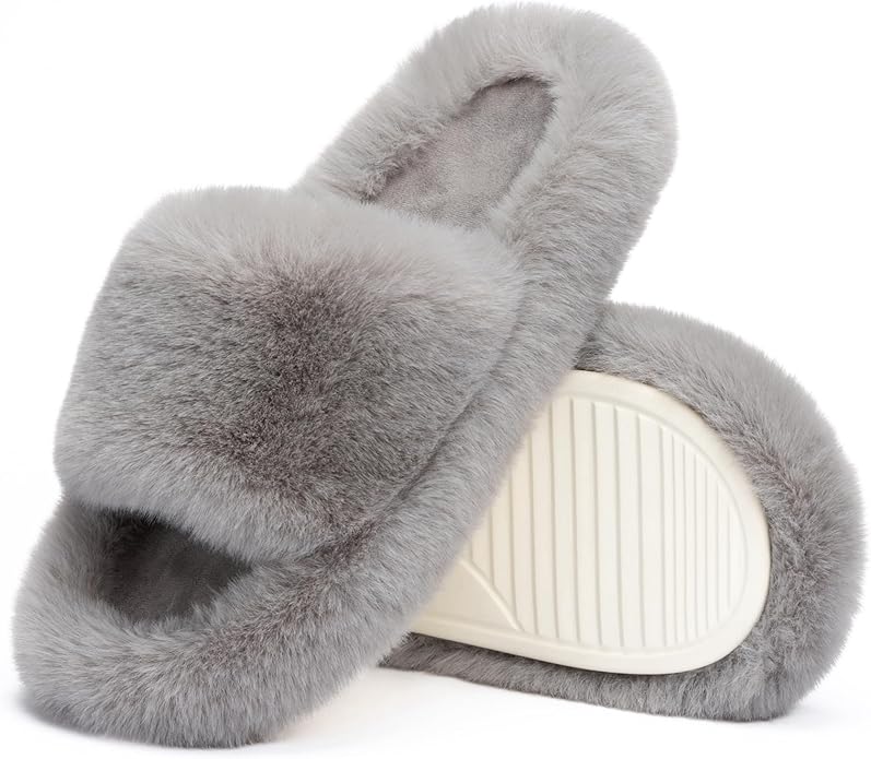 Chantomoo Women's Blue Memory Foam Faux Fur Lined Open Toe Slippers for Women - US 12