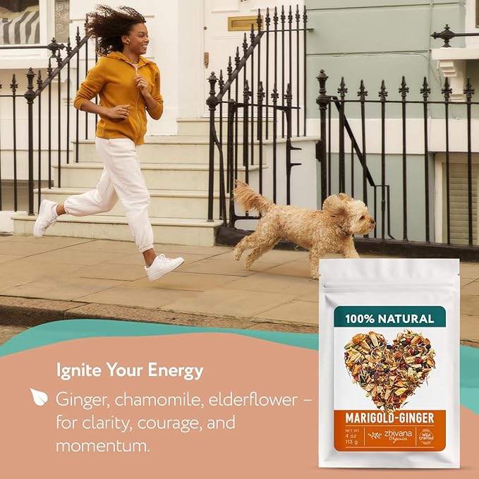 Premium Ginger Loose Leaf Tea with Marigold, Chamomile, Elderflower - Caffeine Free Herbal Tea with Real Herbs & Fruit – Te de Jengibre – 4oz.
