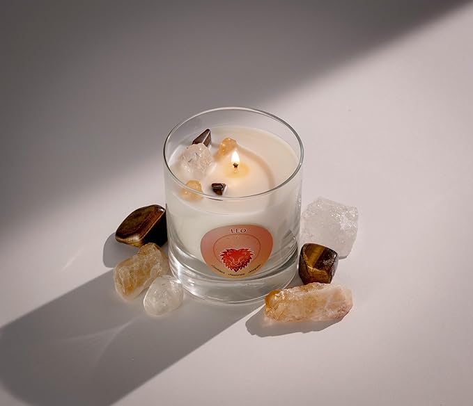 Luxury Glass Jar Candle, Leo Zodiac Sign, 8.8 oz - Crystal Infused - Scents of Ozone, Chili Pepper, Mandarin &and Coconut - USA Made, Coconut-Soy Wax, Essential Oils, Dr. Developed