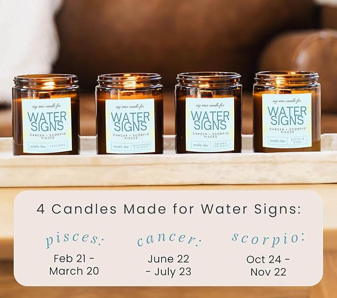 Pisces, Cancer, Scorpio Gifts for Women - Wood Wick Candles, 4 Pack Small Scented Candles Set for Women. 6oz Natural Soy Wax, Aromatherapy Set for Home. Zodiac Astrology Birthday Spiritual Gifts