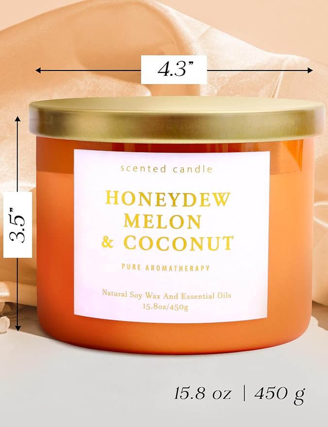 Honeydew Melon Coconut 3-Wick Soy Candle, 15.8 oz | Large Melon Coconut Fruity Scented Candle for Home | Highly Scented Aromatherapy Candle for Relaxation & Stress Relief | Gift for Women & Men