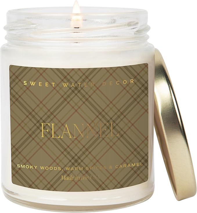 Sweet Water Decor Flannel Soy Candle - Vanilla, Caramel, Amber, Tonka, Smoky Woods, Musk Scented Soy Candles - Autumn Candle for Home - 9oz Clear Jar with Gold Foil Made in The USA