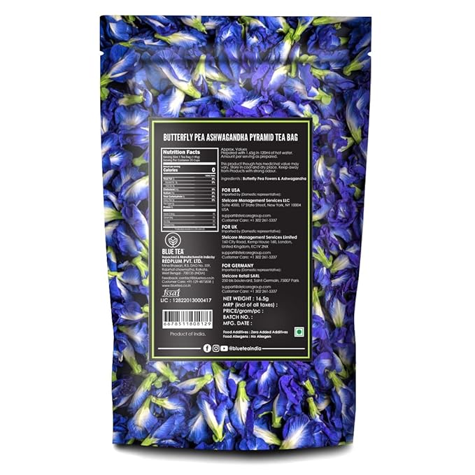 BLUE TEA - Butterfly Pea Flower Tea - Ashwagandha - 10 Count - Pyramid Plant Based Tea Bag | ANTIOXIDANT RICH | Caffeine Free - Flower Based - Herbal Tea - Non Bitter | Zipper Pack