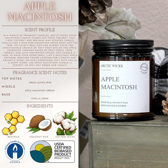 Arctic Wicks 3 Pack Fall Candles Honey Spiced Pear, Pumpkin Spice Latte, Apple Macintosh | Coconut Beeswax Candles | 9oz Amber Jar | Farmhouse Non-Toxic Clean Burn 100% USDA Certified Biobased