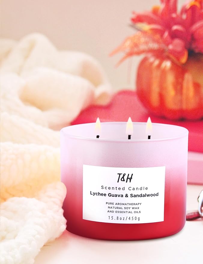 Lychee Guava Sandalwood 3-Wick Soy Scented Candle, 15.8 oz Large | Tropical Fruity Candle for Home | Aromatherapy Candle | Highly Scented, Clean Burning, Long Lasting