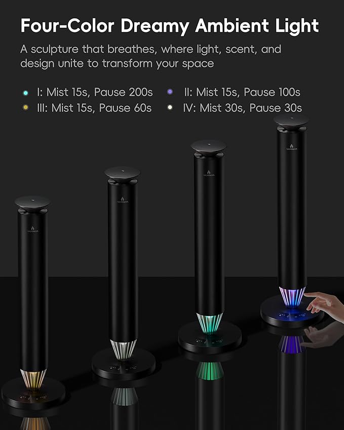 Waterless Scent Diffuser Starter Kit - 1500 Sq Ft Coverage, Alloy Atomization System,Mood Light,Smart Rechargeable Hotel Scent Diffuser, Including 120ml Essential Oil, for Home,Large Room,Spa,Black