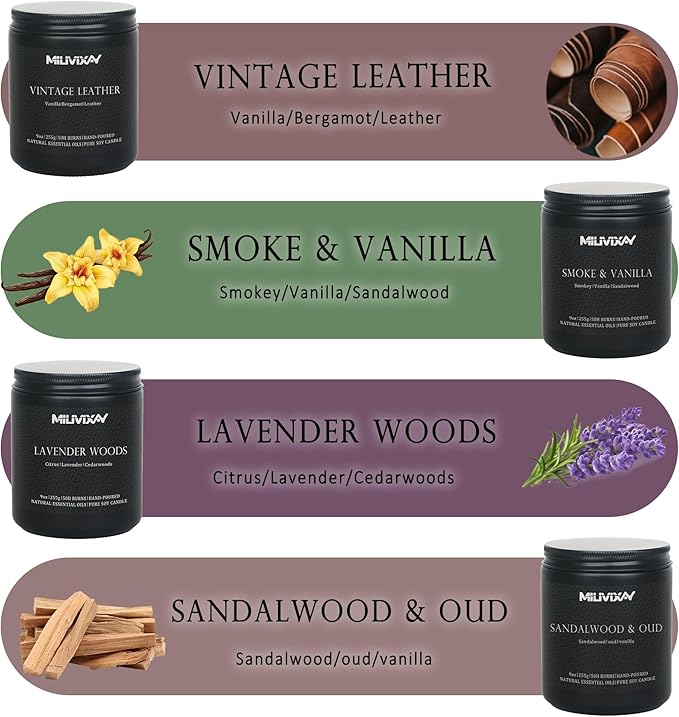 MILIVIXAY Scented Candles for Men-4 Pack Soy Wax Candles for Home Scented, 200 Hour Burn Time, 36oz Men Candle Set, Lavender Woods/Vintage Leather/Smoke & Vanilla/Sandalwood & Oud.