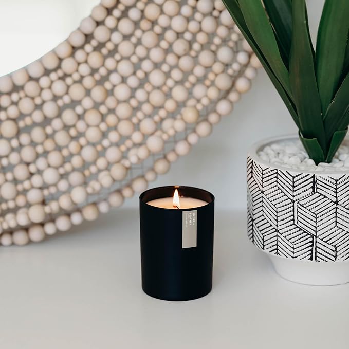 Calyan Wax Co. Smoke & Leather Scented Candle - 75 Hour Burn - Luxury Non Toxic Soy Wax Candles - Long Lasting Black Tumbler Jar Candle for Home - 10.2oz