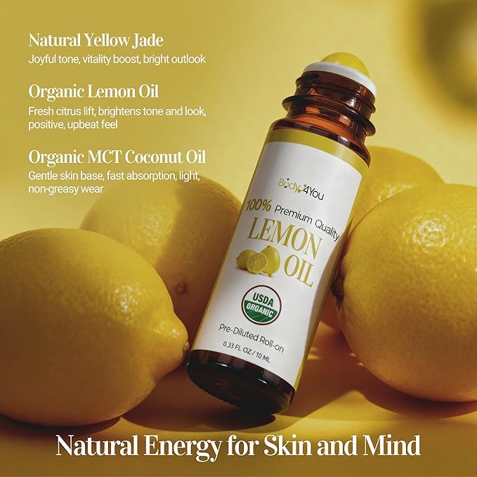BodyJ4You Lemon Essential Oil Roll On - Pure 100% USDA Organic MCT Coconut Oil - Natural Yellow Jade Stone Roller - Uplift Aroma Wrist Neck Cuticle Breathwork - Amber Glass Bottle Rollerball (10ml)
