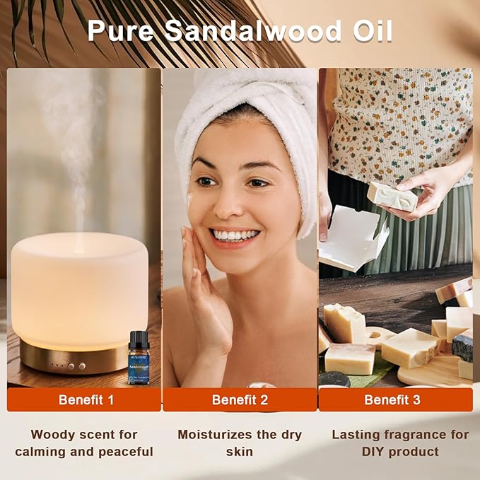 BURIBURI Sandalwood Essential Oils for Diffuser, Skin, Hair, 100% Pure, Fragrance Oil for Candle Soap Perfume Making, Natural, Organic Aromatherapy Sandalwood Oils 10ML