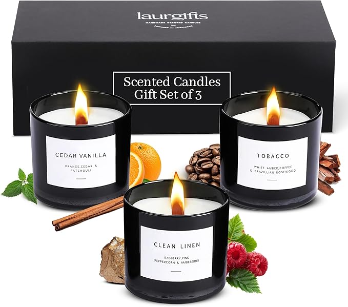 Scented Candles for Men – Masculine Candle Gift Set of 3 with Tobacco, Cedar Vanilla & Clean Linen – Luxury Black Candles Gift Box, Birthday Gifts for Men, Candles for Boyfriend, Christmas Gifts