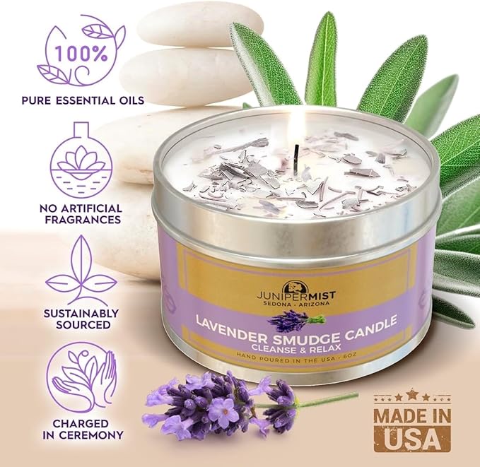 Lavender Sage Smudge Candle (6oz) Soothe & Reset - Pure Sage Energy Cleansing Candle for House Cleansing Negative Energy, Meditation – Spiritual for Protection & Intention –Soy Wax - USA Made