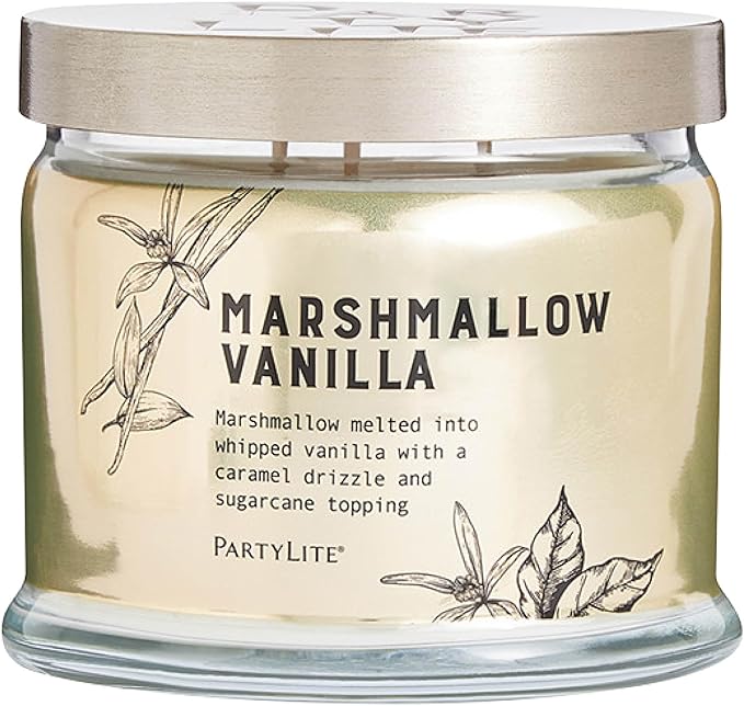 PartyLite Marshmallow Vanilla Scented with Caramel & Sugarcane Notes, 13.2oz 3-Wick Jar Candle, 45 Hour Burn Time, Luxurious Fragrance, Ideal for Gifting