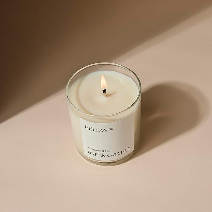 Hilary Duff’s Below 60 Scented Candle | Dreamcatcher | Essential Oil-Based Fragrance | Hand-Made with Paraffin-Free Soy Wax | 100% Cotton Wick | 50 hr Burn Time | Eucalyptus & Basil (10oz)