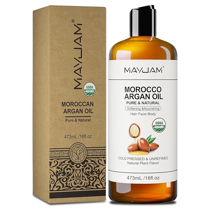 MAYJAM Organic Moroccan Argan Oil 16 Fl Oz, USDA Certified 100% Pure & Natural Carrier Oil For Dry, Damaged Skin, Hair, Face, Body & Scalp Moisturing, Massage Oils for Essential Oils Mixing (473ml)