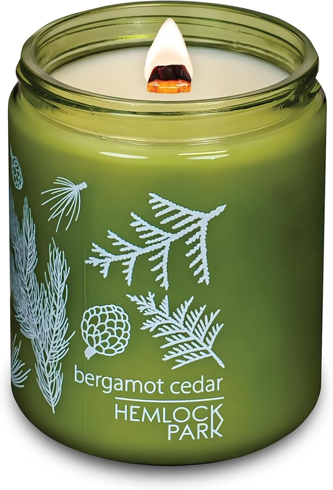 Hemlock Park Green Glass Wood Wick Candle Handcrafted with Natural Coconut Wax (Standard 8 oz, Bergamot Cedar)