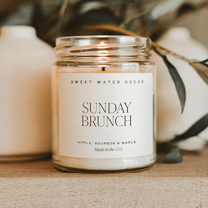 Sweet Water Decor Sunday Brunch Candle - Soy Apple, Bourbon, and Maple Candles for Home - 9oz Clear Jar + Gold Lid, 40+ Hour Burn Time, Made in The USA - Summer Candle