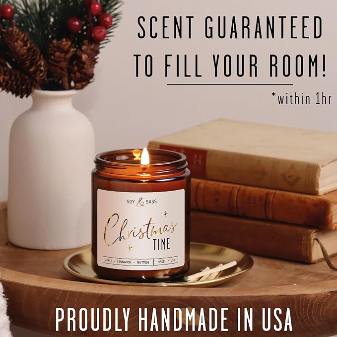 Christmas Candles Scented – ‘Christmas Time’ Soy Christmas Candle, w/Apple, Cinnamon, Clove - Infused with Essential Oils I Holiday Candles I 9oz, 50Hr, Made in USA
