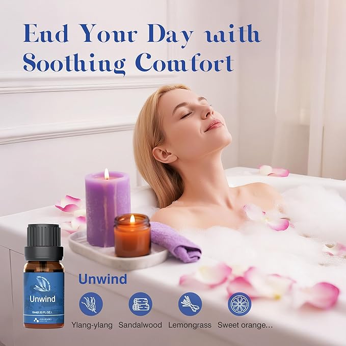 ASAKUKI Essential Oils for Diffuser – 6 Mood Essential Oil Blends (Breathe, Uplift, Sensual, Balance, Unwind, Rest) for Morning to Night Rituals, Home & Daily Use