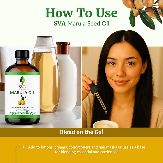 SVA Organic Marula Seed Oil - 4 Fl Oz - 100% Natural Cold Pressed Virgin Marula Oil Organic - for Face, Skin Care, Hair Care, Scalp Massage & Body Massage – Unrefined Carrier Oil with Dropper
