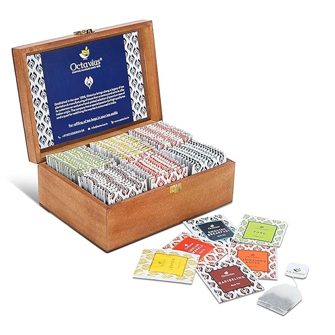 Octavius Gift's Select - Assorted Tea in Multi Design Printed Wooden Box | 6 Flavors, 90 Tea Bags | Black & Green Tea | Tea Gifts for Women & Men | Tea Variety Pack