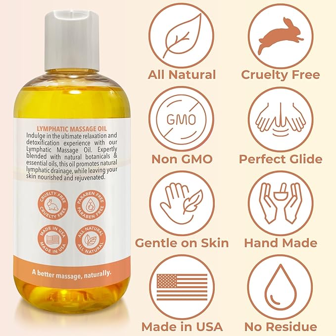 Lymphatic Massage Oil for Massage Therapy | 100% Natural Lymphatic Drainage Oil | Premium Quality with Arnica, Lemon & Ginger | for Post Surgery Recovery & Detox | 8oz by Brookethorne Naturals