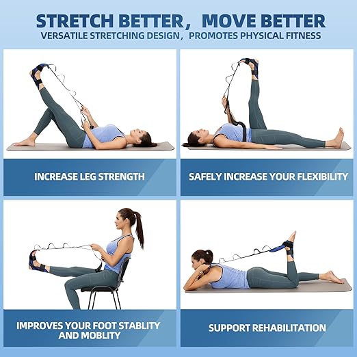 comness Foot and Calf Stretcher Stretching Strap For Plantar Fasciitis, Heel Spurs, Foot Drop, Achilles Tendonitis & Hamstring. Yoga & Leg Stretch Strap. (Blue)