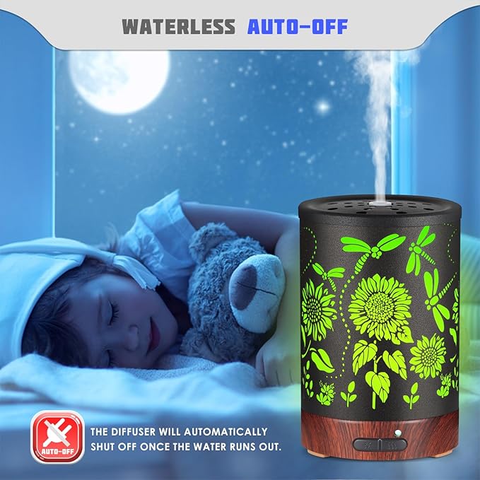 Essential Oils Diffuser,Christmas Aromatherapy Diffuser,Birthday Gifts for Women Mom Grandma,Metal Cool Mist Humidifier with 7 Colors Lights Waterless Auto Off Air Diffusers (Sunflower)
