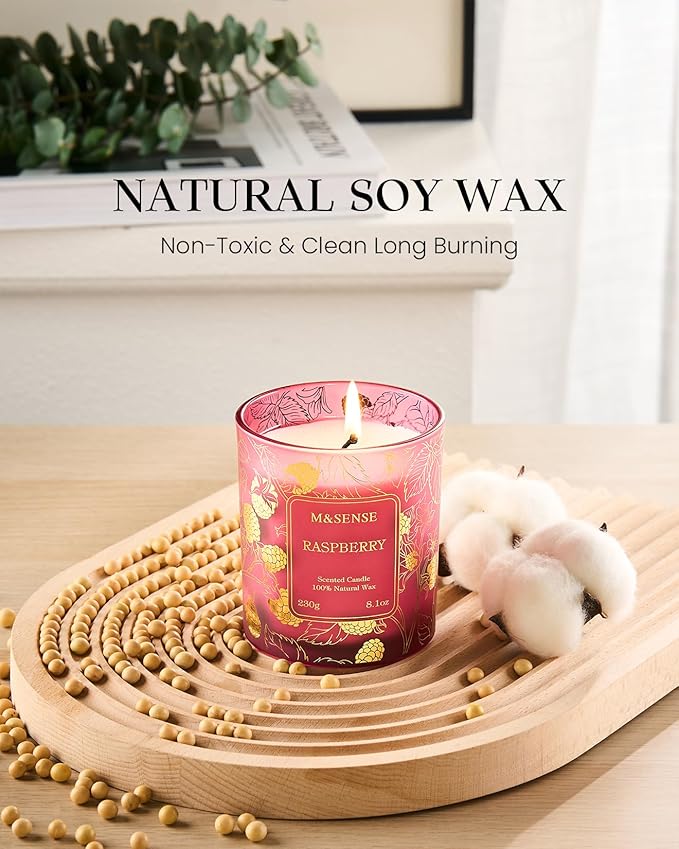 M&SENSE Raspberry Soy Candles, Vegan Non Toxic 8.1oz 42-Hour Burn Time, Winter Aromatherapy Candle for Relaxing Stress Relief, Housewarming New Year Gifts