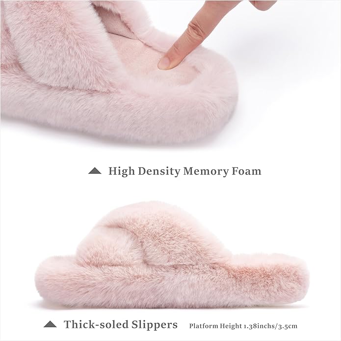 Chantomoo Women's Blue Memory Foam Faux Fur Lined Open Toe Slippers for Women - US 12