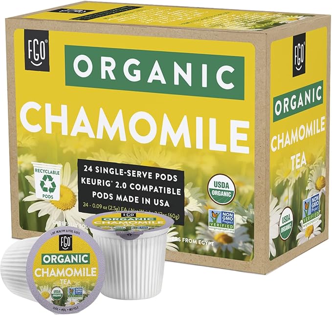 FGO Organic Chamomile Tea K-Cup Pods for Keurig, 24 Count (Pack of 1), Naturally Caffeine-Free Herbal Tea, USDA Organic, Non-GMO, & Recyclable