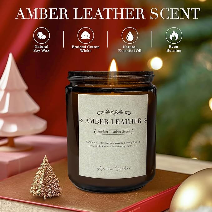 Leather Amber Candle-100% Natural Soy Wax - Natural Fragrance Technology - Non Toxic-Up to 50 Hours Burning Time - Aromatherapy Gift for Men and Women
