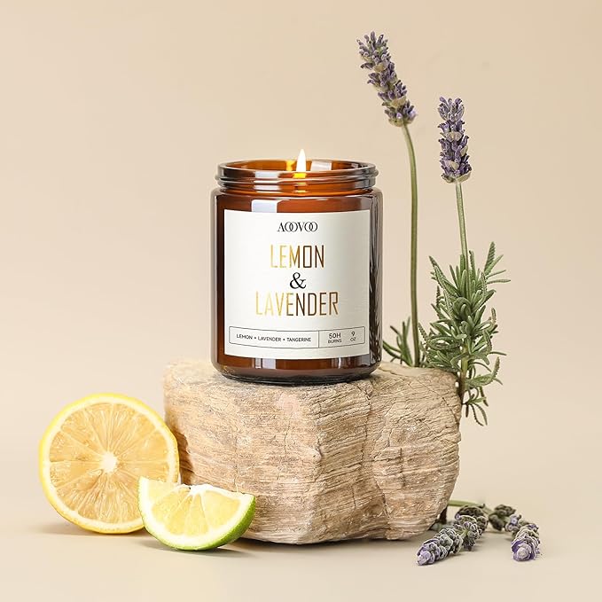 AOOVOO Lemon Lavender Scented Candle - Lavender Candle, Scented Candles, Soy Aromatherapy Candle, Soy Wax Candle, 9oz