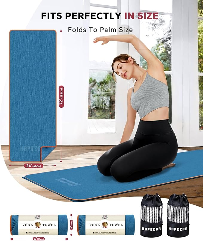 HAPBEAR 2 Pack Hot Yoga Towel - Non Slip Yoga Mat Towel with Grip Dot, Super-Absorbent, Soft Microfiber Towel for Hot Yoga, Pilates and Fitness