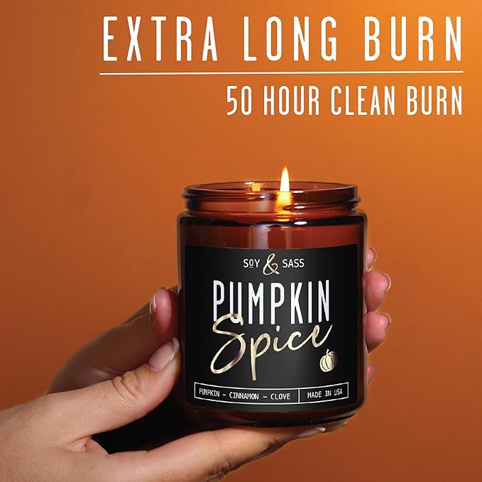 Pumpkin Spice Candle, Fall Candles - 'Pumpkin Spice' Pumpkin Candle I Infused w/Essential Oils I Autumn Scented Soy Candles for Home I Fall Home Décor I 9oz Reusable Jar, 50Hr Burn, Made in USA