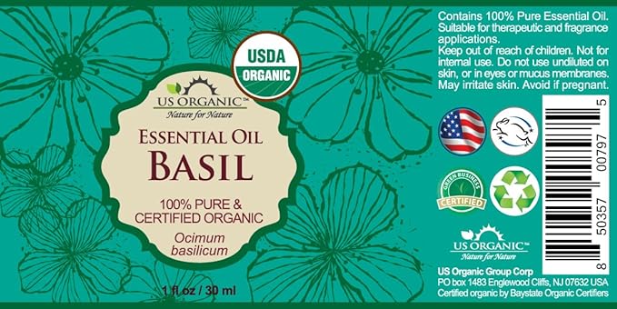 US Organic 100% Pure Basil Essential Oil - USDA Certified Organic, Steam Distilled W/Euro droppers (More Size Variations Available) (30 ml / 1 fl oz)