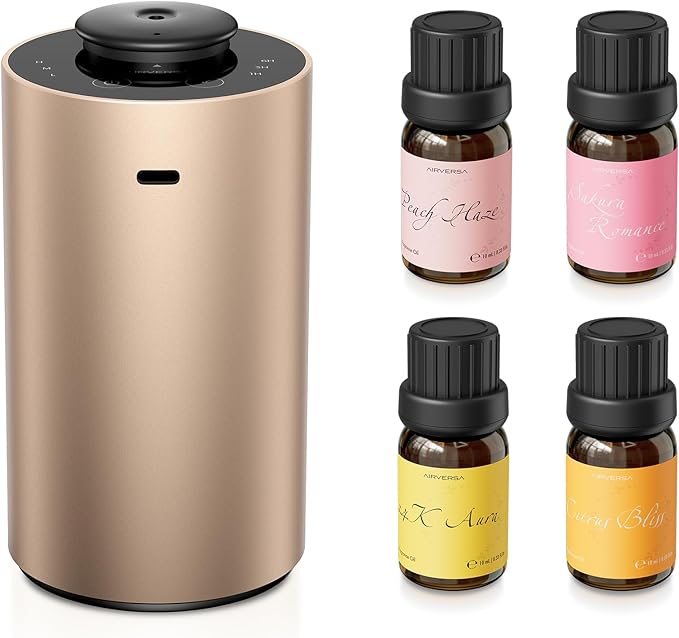 Airversa Waterless Essential Oil Diffuser Starter Kit with 4 x 10mL Fragrance Scent Oil, Battery Operated Mini Scent Air Machine Portable Diffuser for Home Car Office, ANX Titanium Kit01