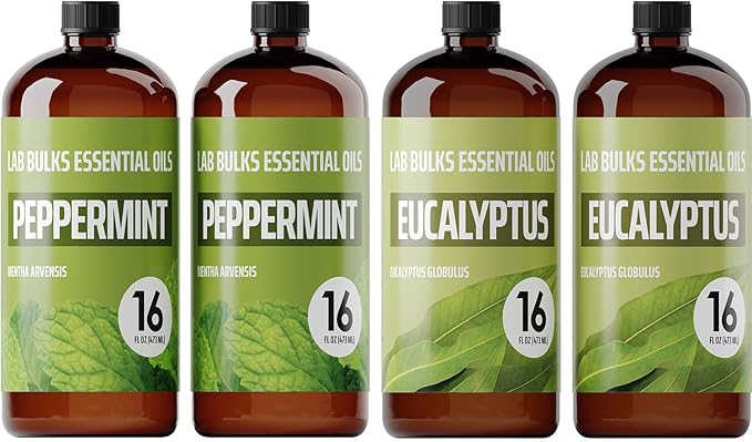 LAB BULKS ESSENTIAL OIL - Bundle of Peppermint and Eucalyptus Essential Oils, 16 oz Bottles, for Diffusers, Home Care, Candles, Aromatherapy