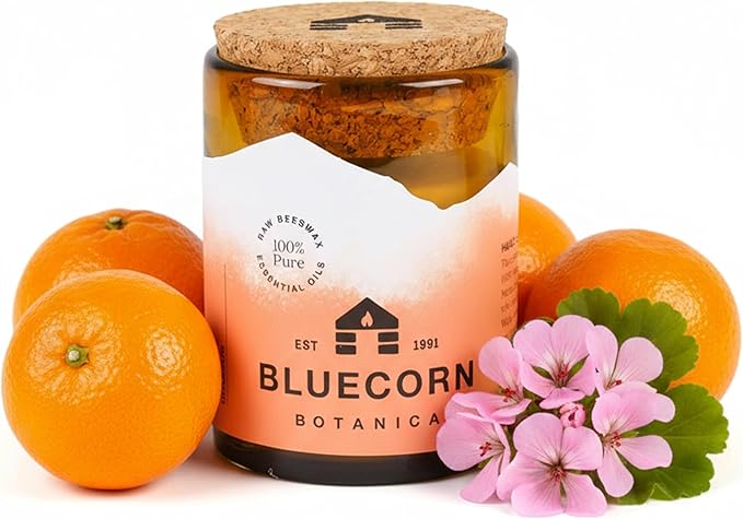 Bluecorn Beeswax Large 3-Wick Candle, 100% Pure Beeswax with Tangerine & Geranium Essential Oils, Amber Glass, Soy Free, Clean Burning Candle Wax, Long Lasting, Home Decor, American Made, 8 Oz, 1 Ct